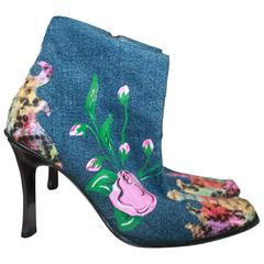 GianMarco Lorenzi Denim w/ Floral Paint & Multi Color Python & Brushed Heel - 35