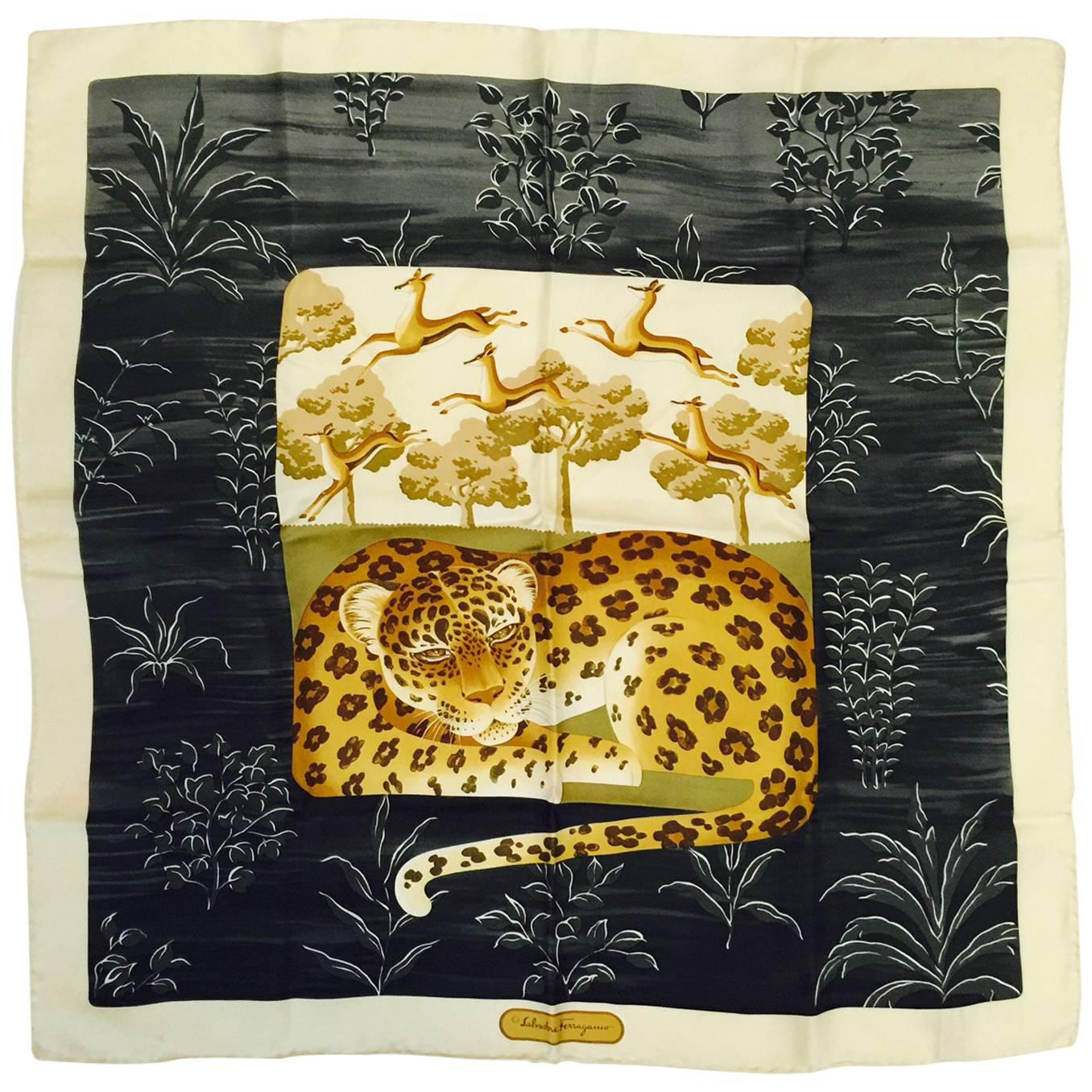 Salvatore Ferragamo Silk Twill Scarf With Lounging Leopard 
Bounding Impala