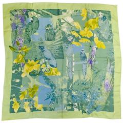 Salvatore Ferragamo Mint Green Silk Twill Floral and Exotic Bird Print Scarf 