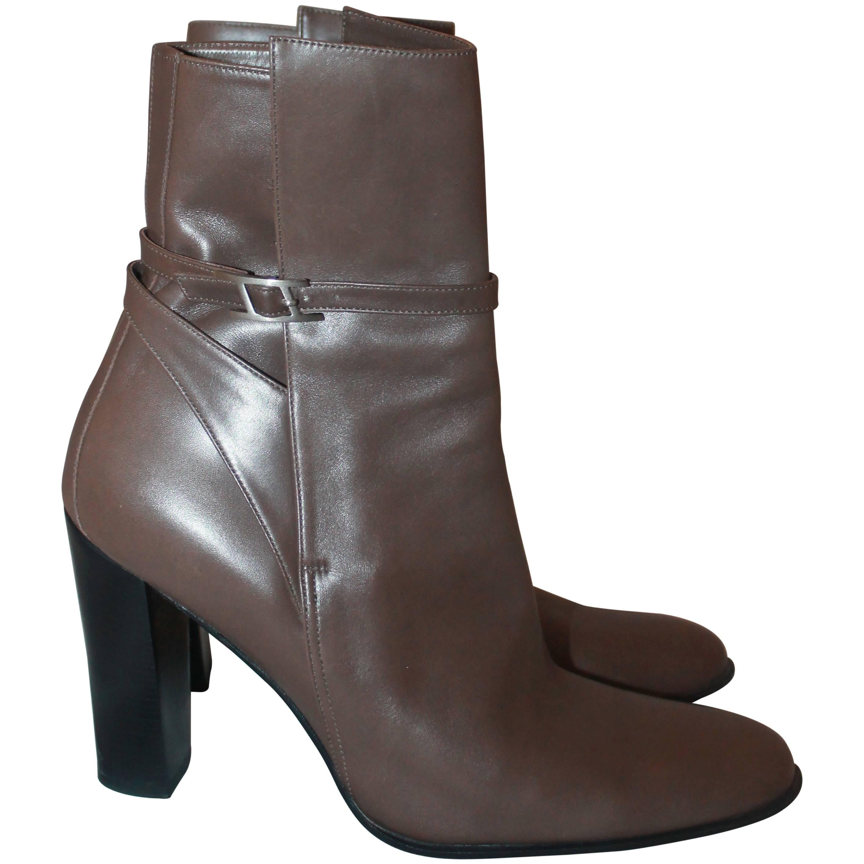 Hermes Taupe Leather Heeled Boots w/ Ankle Strap & Buckle - 39