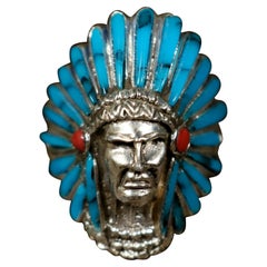 Vintage Men’s Turquoise North American Navajo Indian Chief Sterling Silver Ring