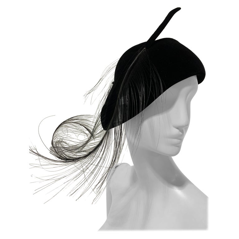 1940s Milgrim Black Cashmere Felt French Style Hat W/ Singed Ostrich Feathers For Sale