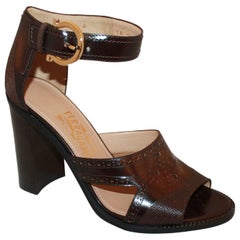 Salvatore Ferragamo Brown Leather Strappy Sandals w/ Woodstack Heel - 8 - New