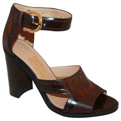 Salvatore Ferragamo Brown Leather Strappy Sandals w/ Woodstack Heel - 8 - New 12