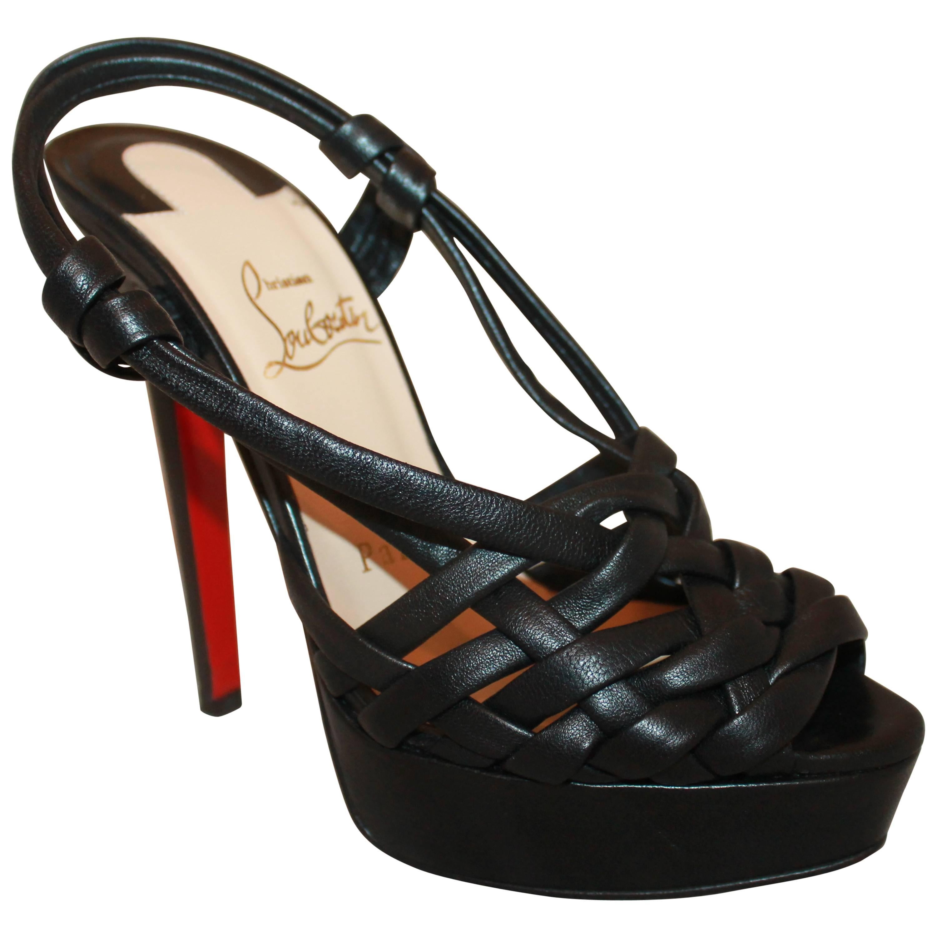 Christian Louboutin Black Strappy Leather Platform Heels - Size 36 For Sale