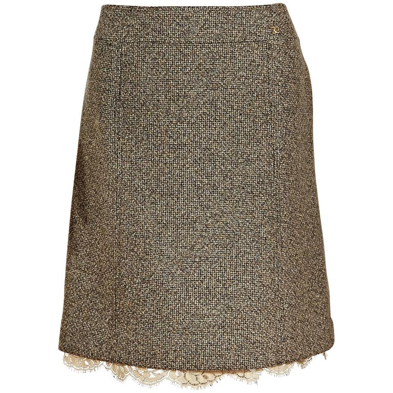 Grey Chanel Tweed Skirt with Lace Hem For Sale at 1stDibs