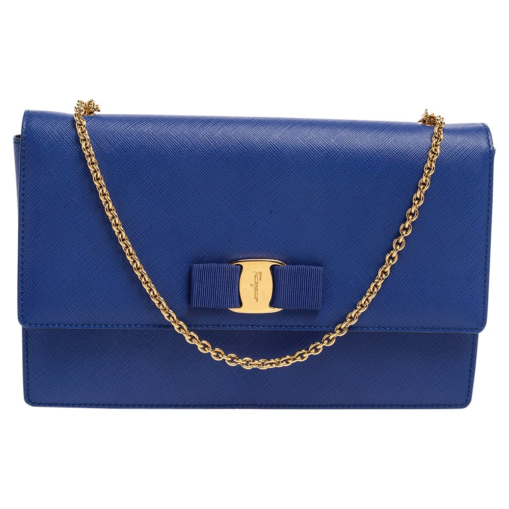 Salvatore Ferragamo Blue Leather Vara Bow Chain Shoulder Bag