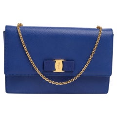 Salvatore Ferragamo Blue Leather Vara Bow Chain Shoulder Bag