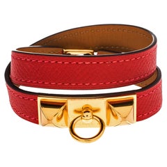 Hermes Rouge Casaque Epsom Leather Gold Plated Rivale Double Tour Bracelet S