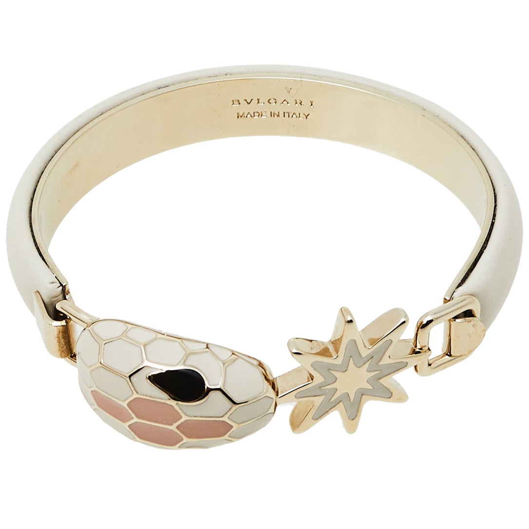 Bvlgari White Leather Gold Plated Serpenti Forever Bracelet
