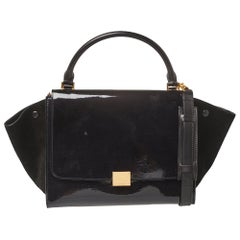 Celine Black Patent Leather and Suede Medium Trapeze Top Handle Bag