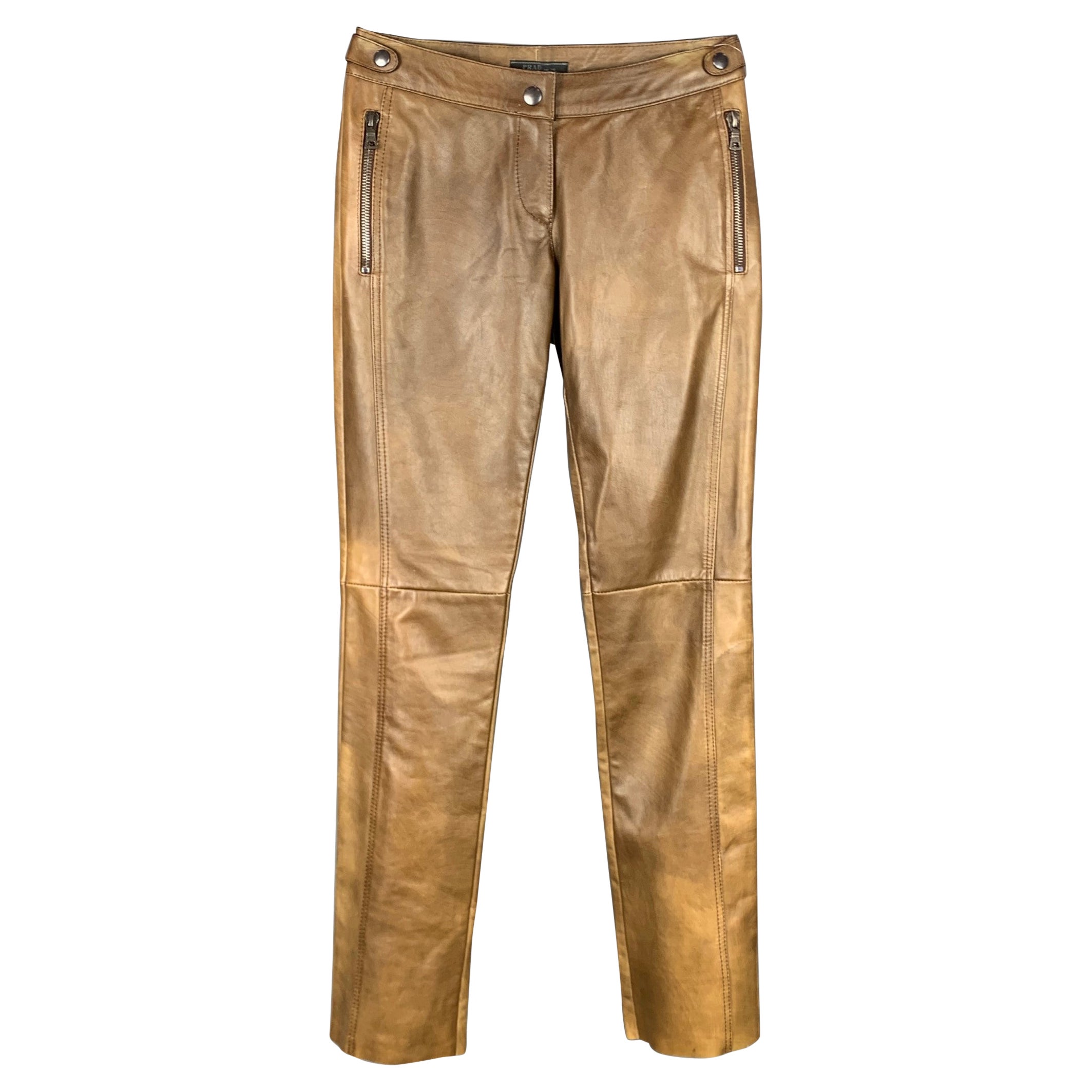 PRADA Size 2 Brown Burnished Leather Straight Leg Dress Pants For Sale at  1stDibs