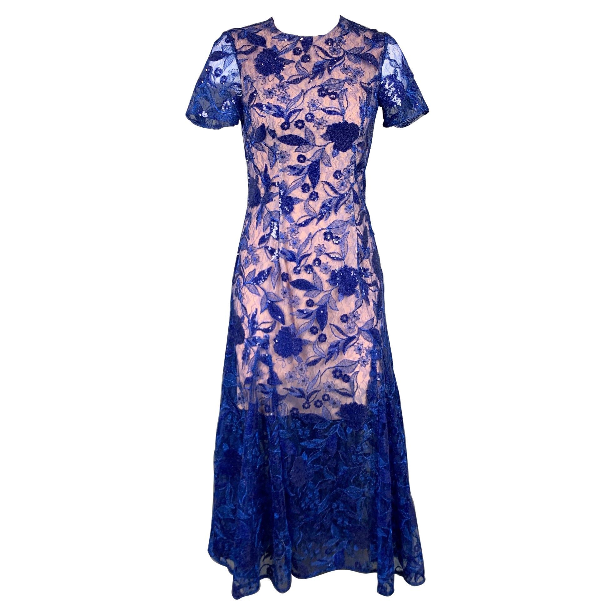 COSTARELLOS Size 4 Blue & Nude Sequin Embroidered Polyester / Nylon Dress