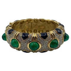 Ciner of NY 1980s Gold, Green Cabochon & Rhinestone Bracelet