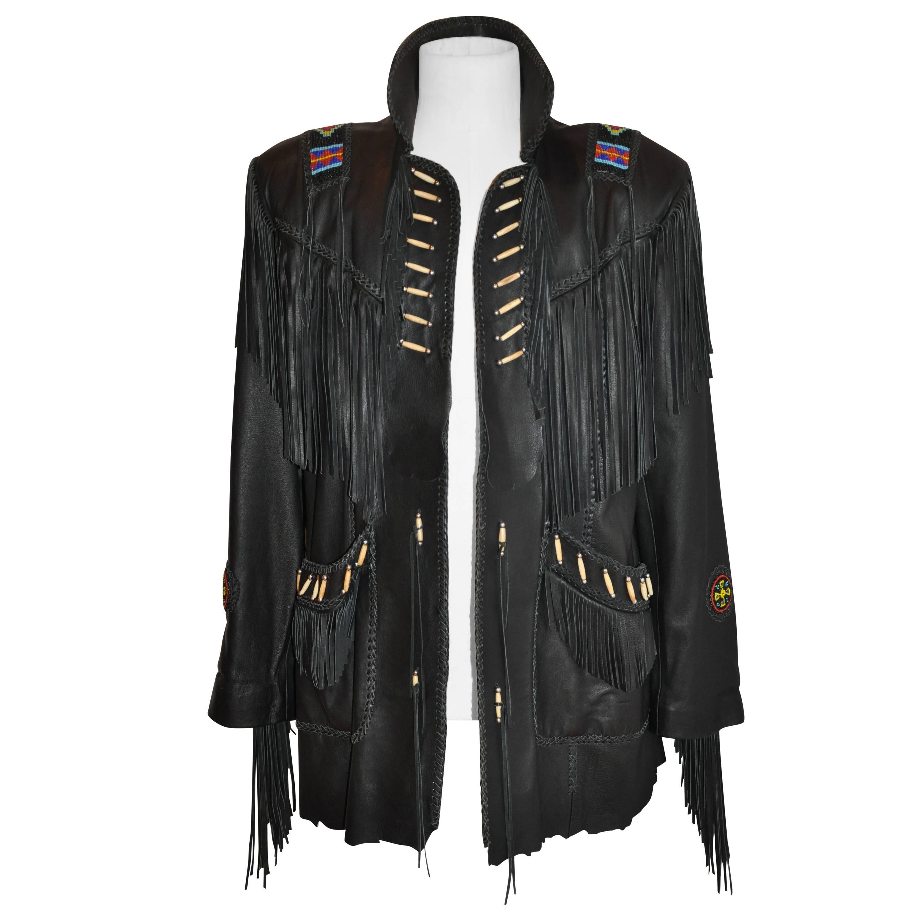 Michael Alle Men's Black Chamois Lambskin Hand-Made Western Fringe Jacket