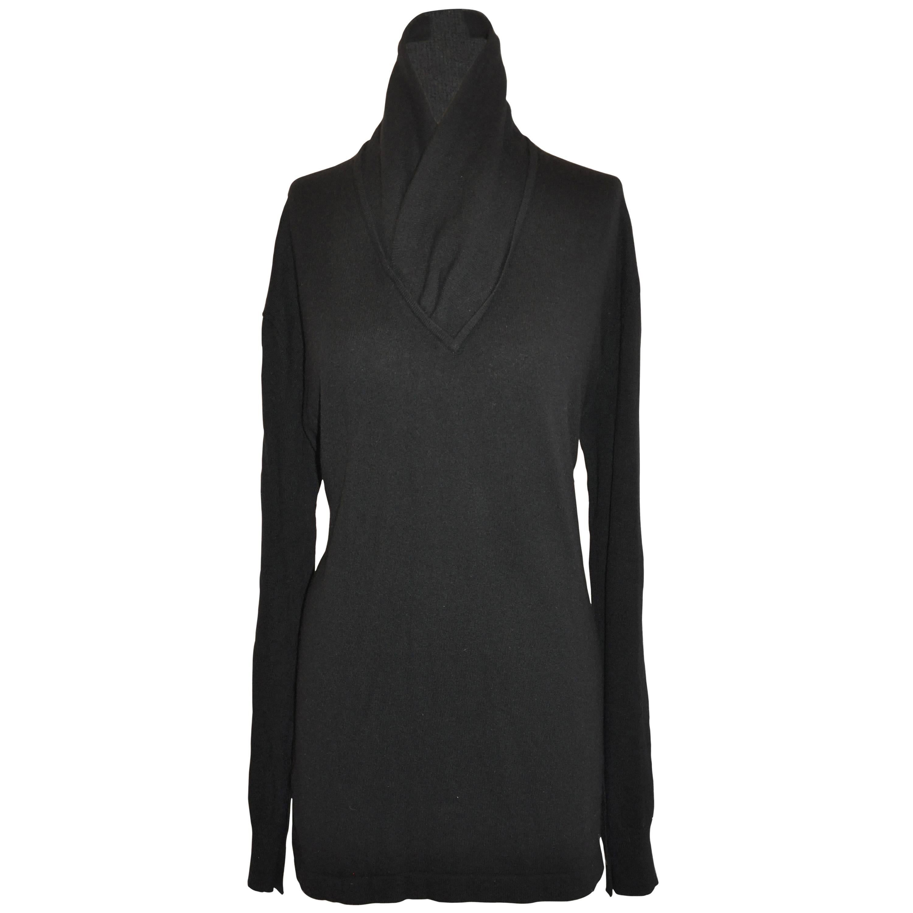 Donna Karan Black Scottish Cashmere Deep V Cowl Neck Pullover For Sale
