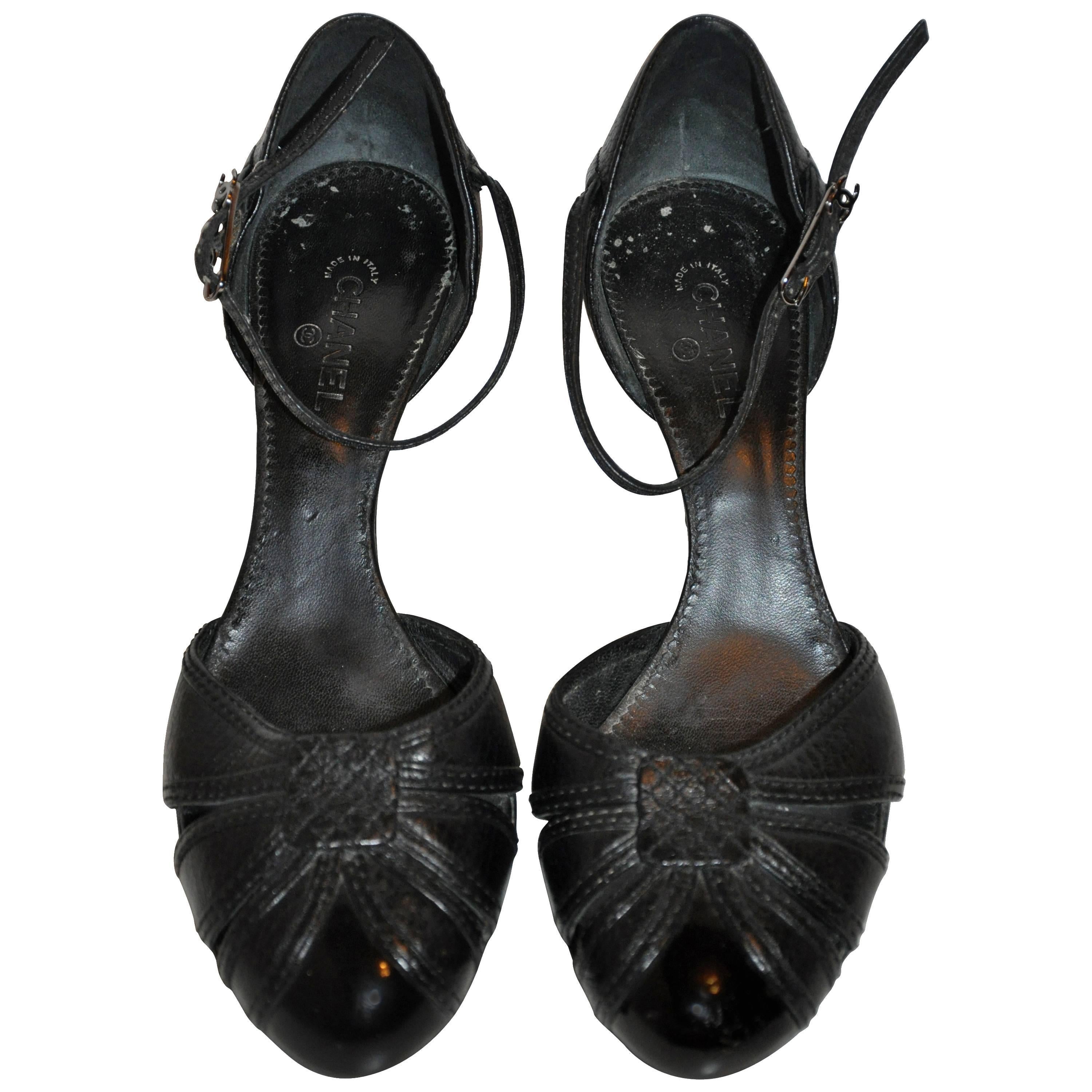 Chanel Black Textured Calfskin Ankle-Strap Heels