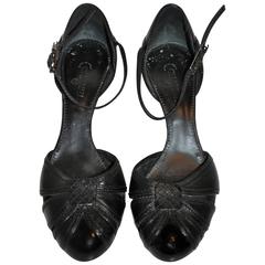 Vintage Chanel Black Textured Calfskin Ankle-Strap Heels