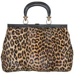 Retro Ronay Huge Gold Hardware Frame with Faux Leopard Fur Tote