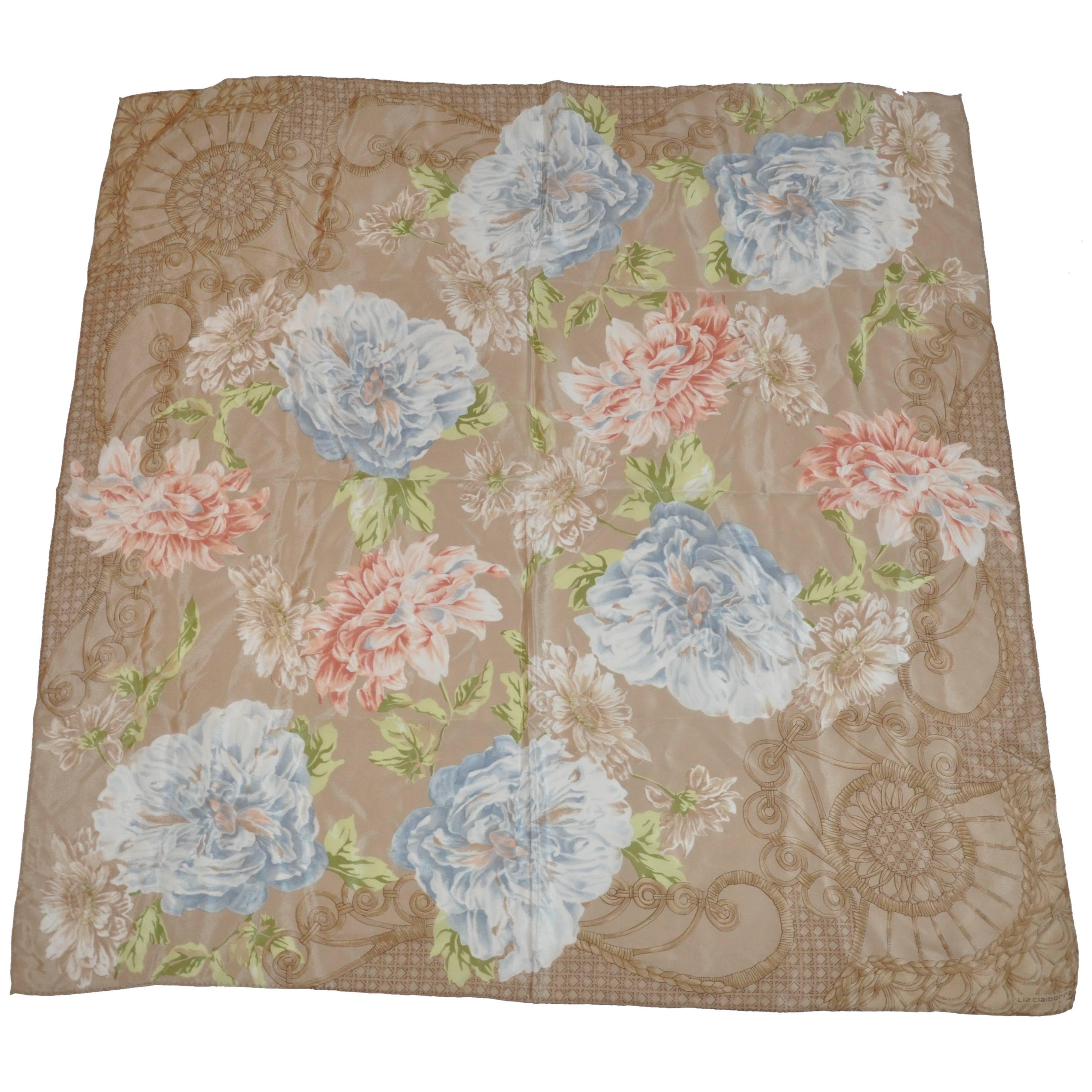 Liz Claiborne Taupe Multi-Floral Silk Scarf For Sale