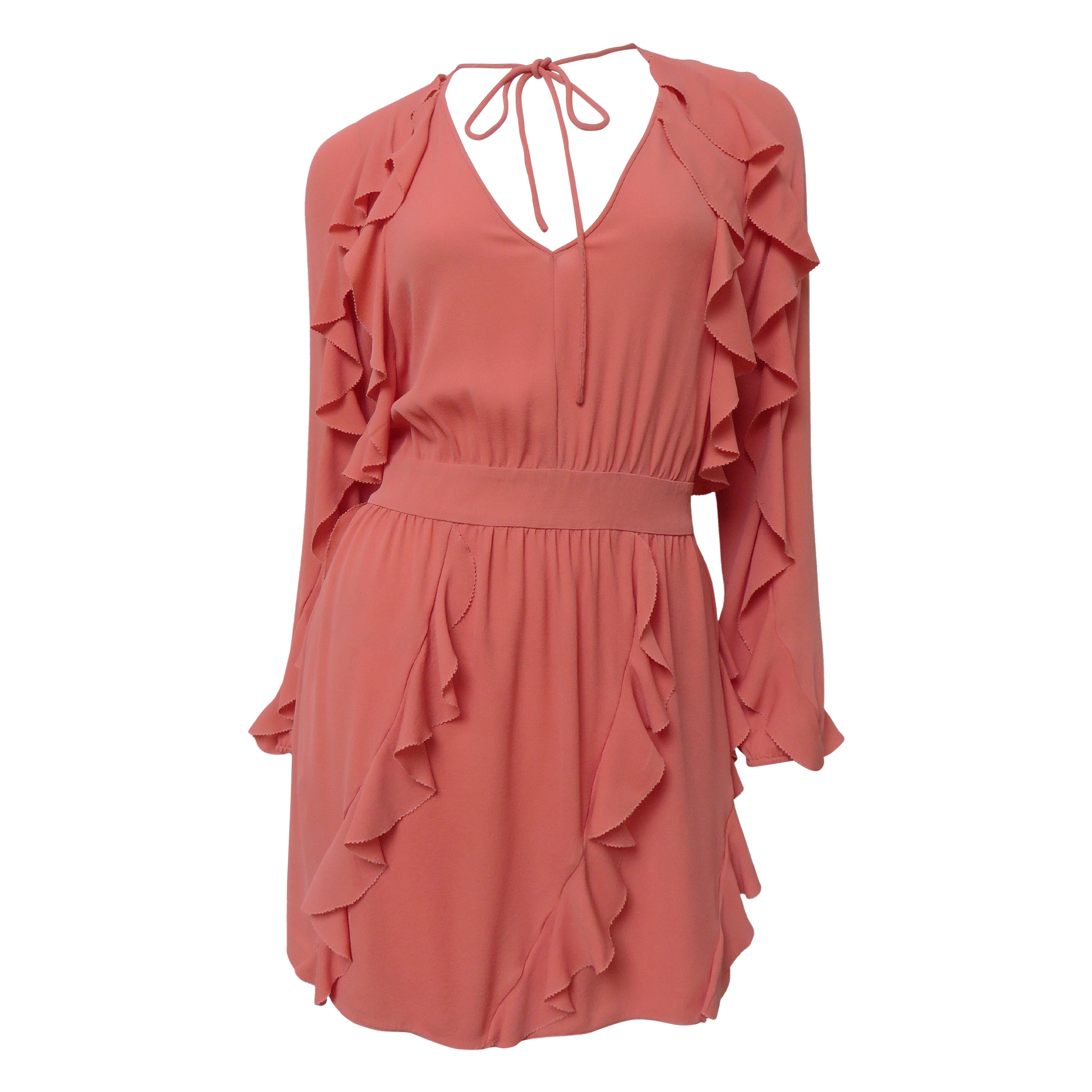 Valentino Coral Silk Ruffle Trim Dress For Sale