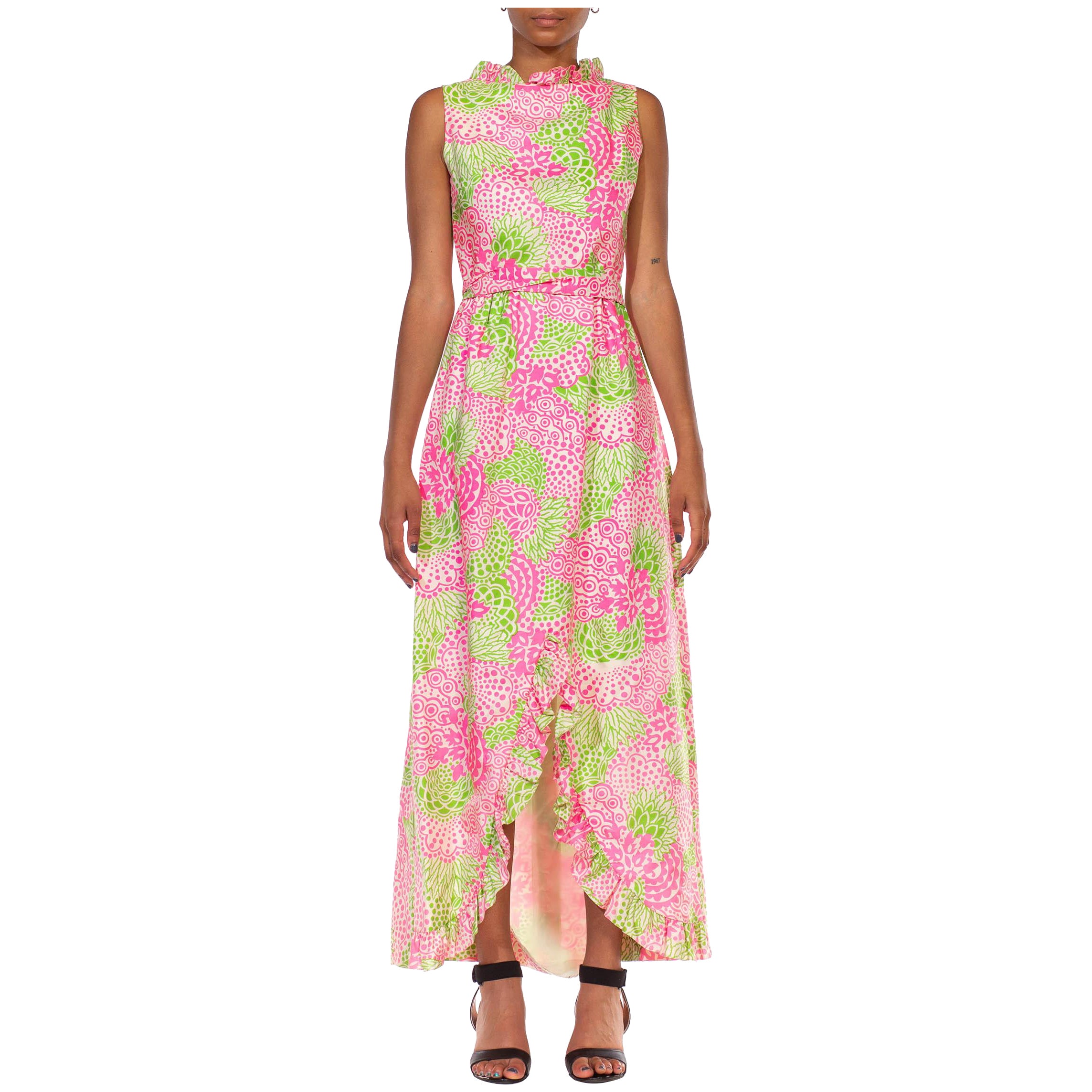 1960S LILLY PULITZER Style Pink & Green Cotton Sleeveless Maxi Dress  For Sale