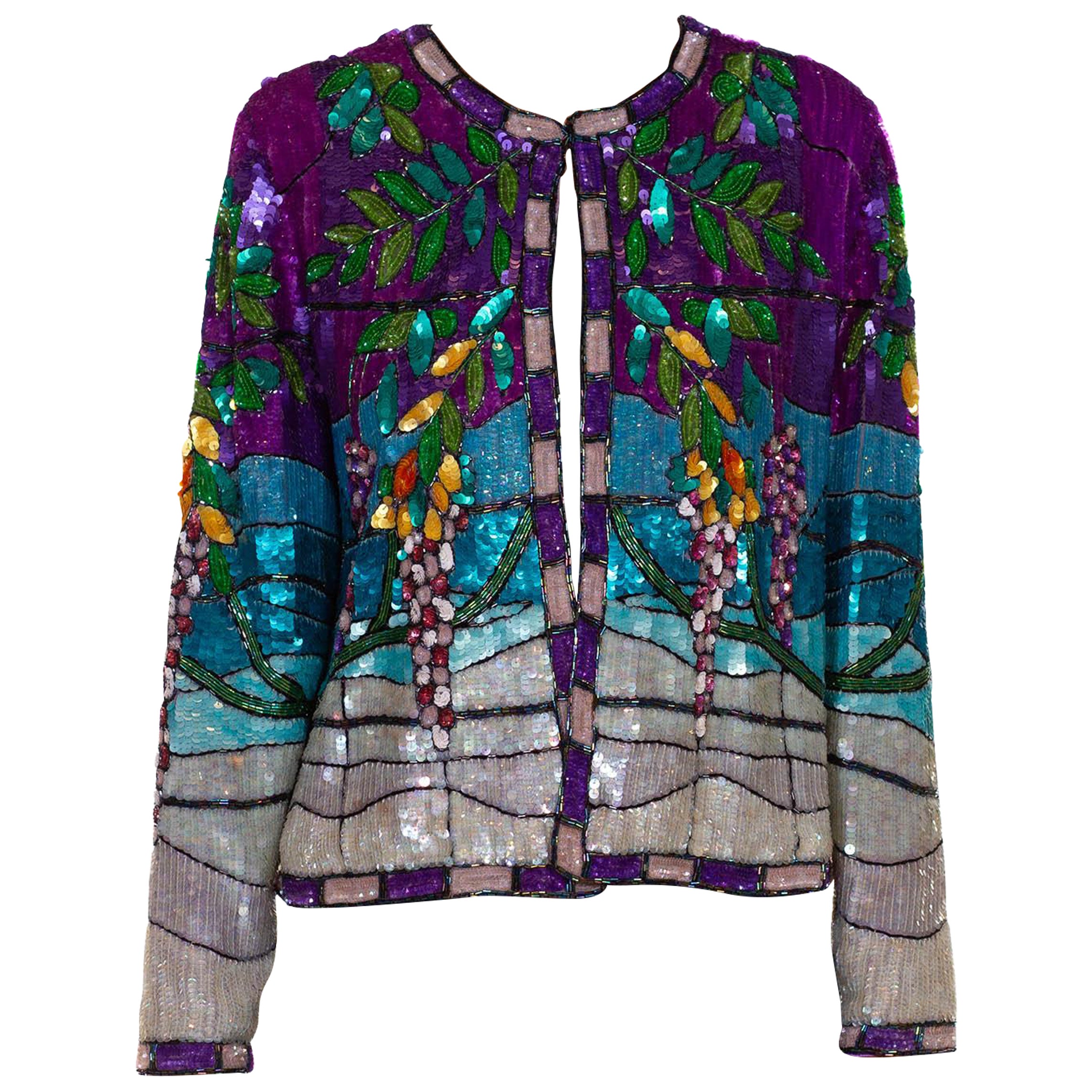 1980S Aqua Blue & Purple  Silk YSL Style Floral Sequin Jacket