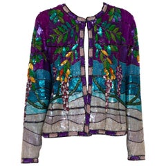 1980S Aqua Blue & Purple  Silk YSL Style Floral Sequin Jacket