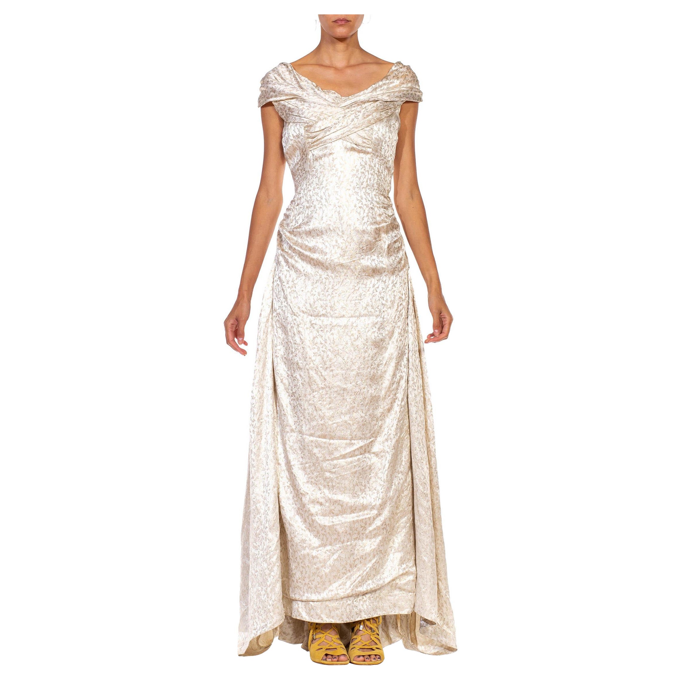 1950S Cream Champagne Silk Jacquard Crisscross Bodice Gown For Sale