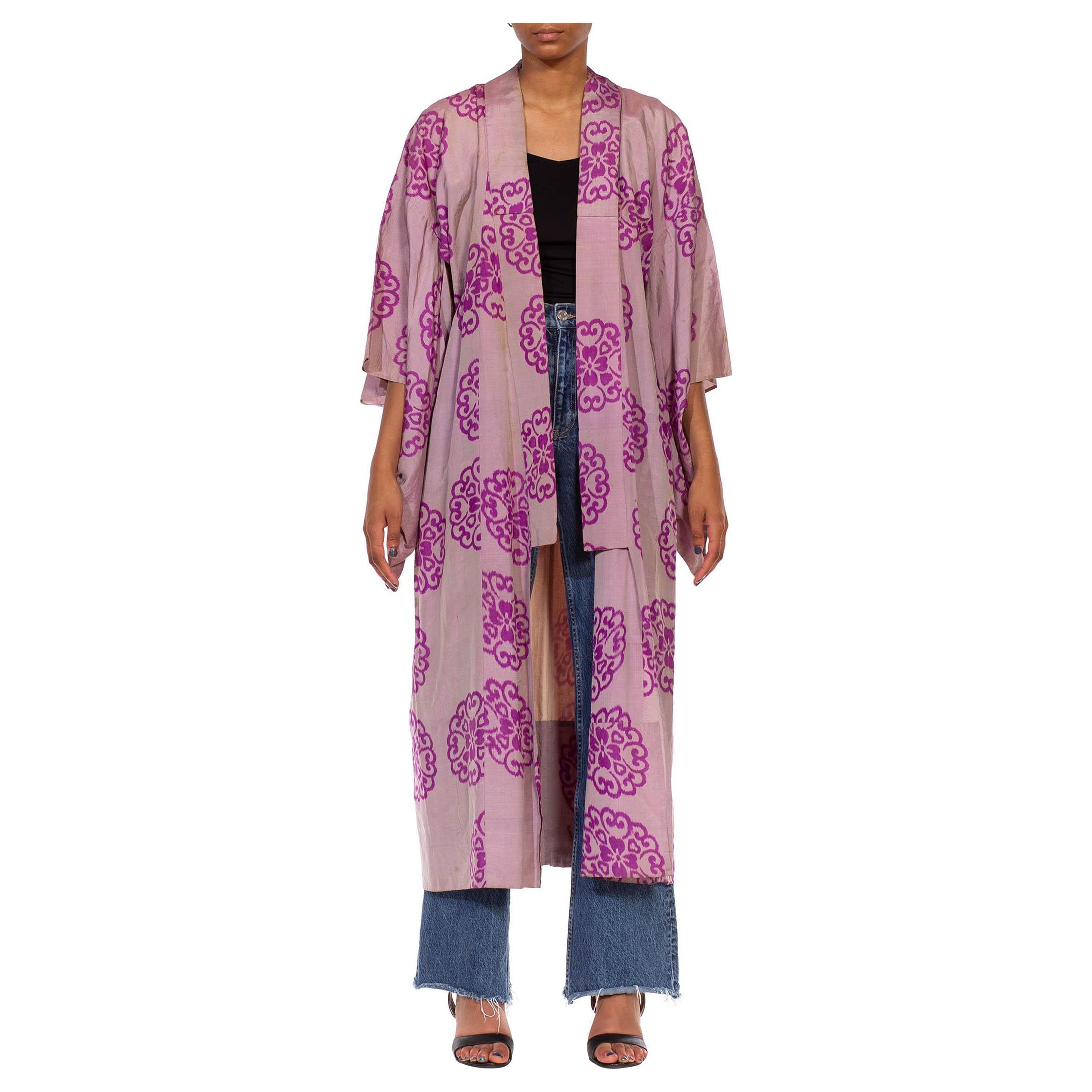 1930S Grey & Purple Hand Woven Silk Ikat Kimono For Sale