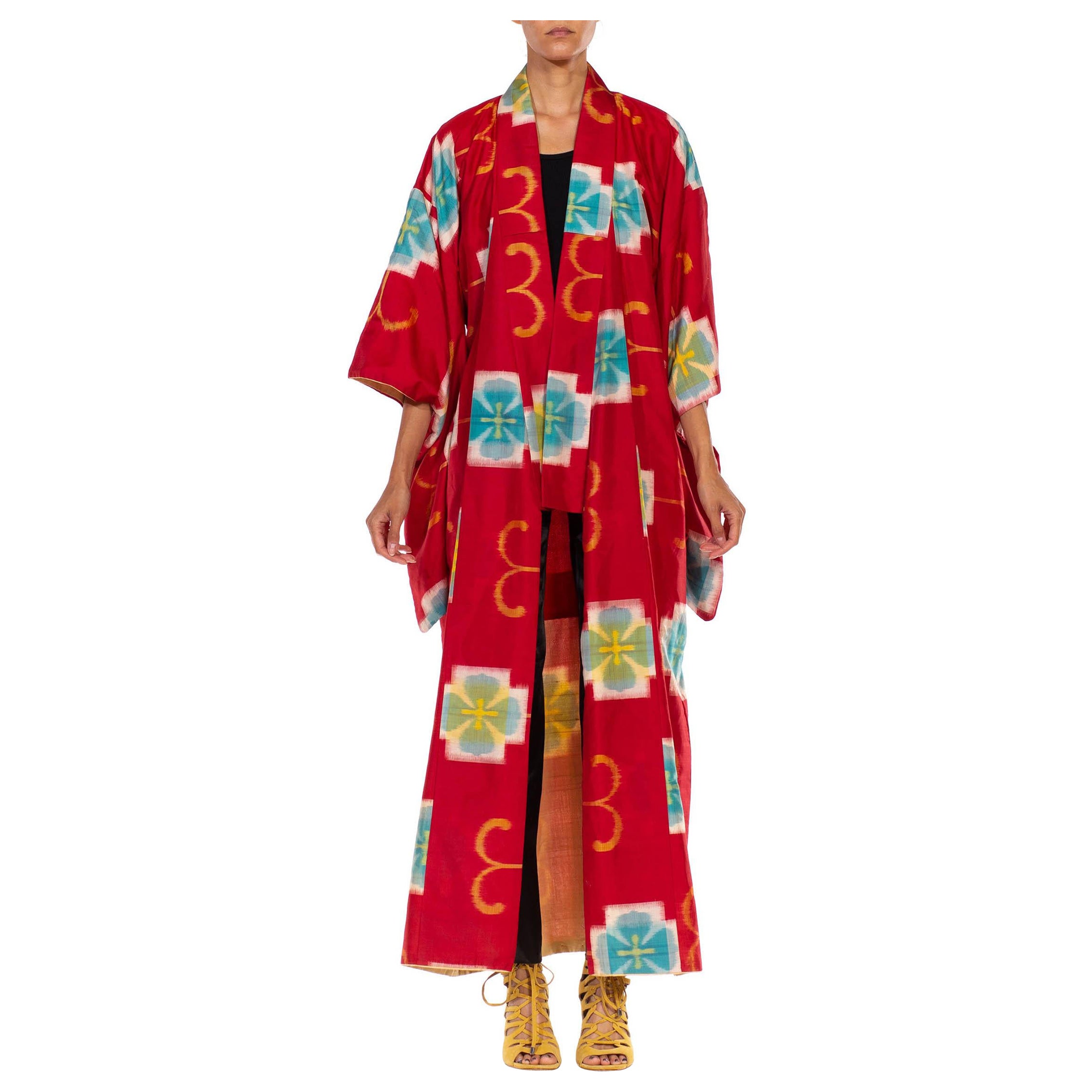 1940S Red Hand Woven Silk Ikat Kimono