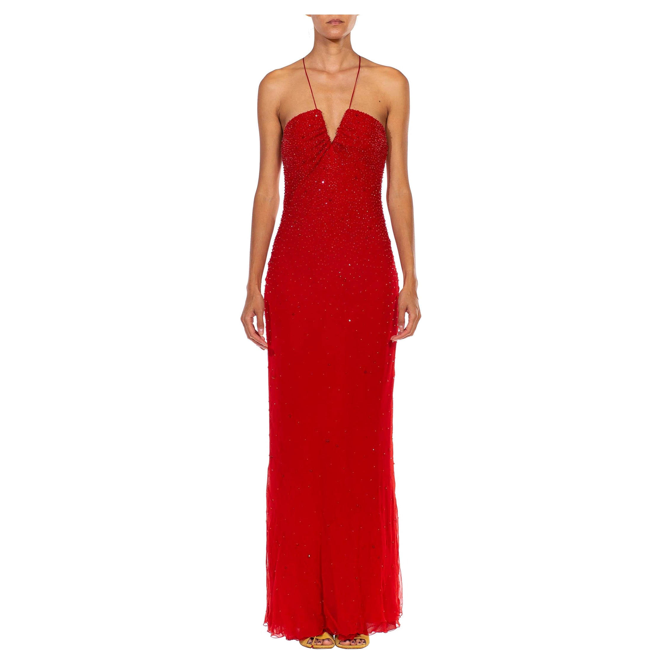 2000S GIORGIO ARMANI Red Bias Cut Silk Chiffon Fully Beaded Gown For Sale