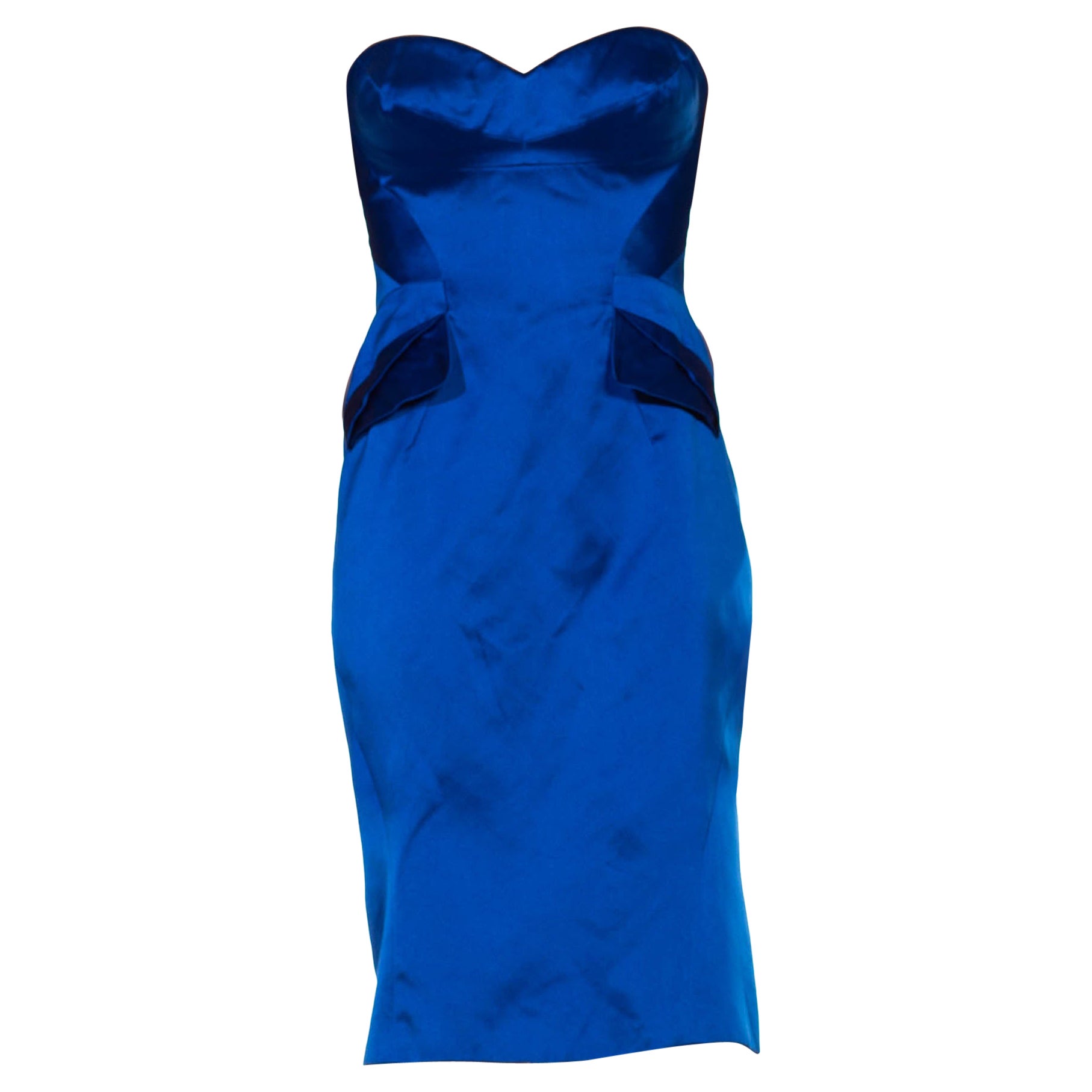 2000S ZAC POSEN Electric Blue  Silk Duchess Satin Strapless Cocktail Dress For Sale