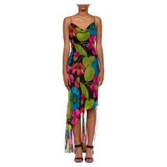 1990S Black Floral Print Silk Chiffon Bias Cut & Cowl Neck Gown With Bedazzled