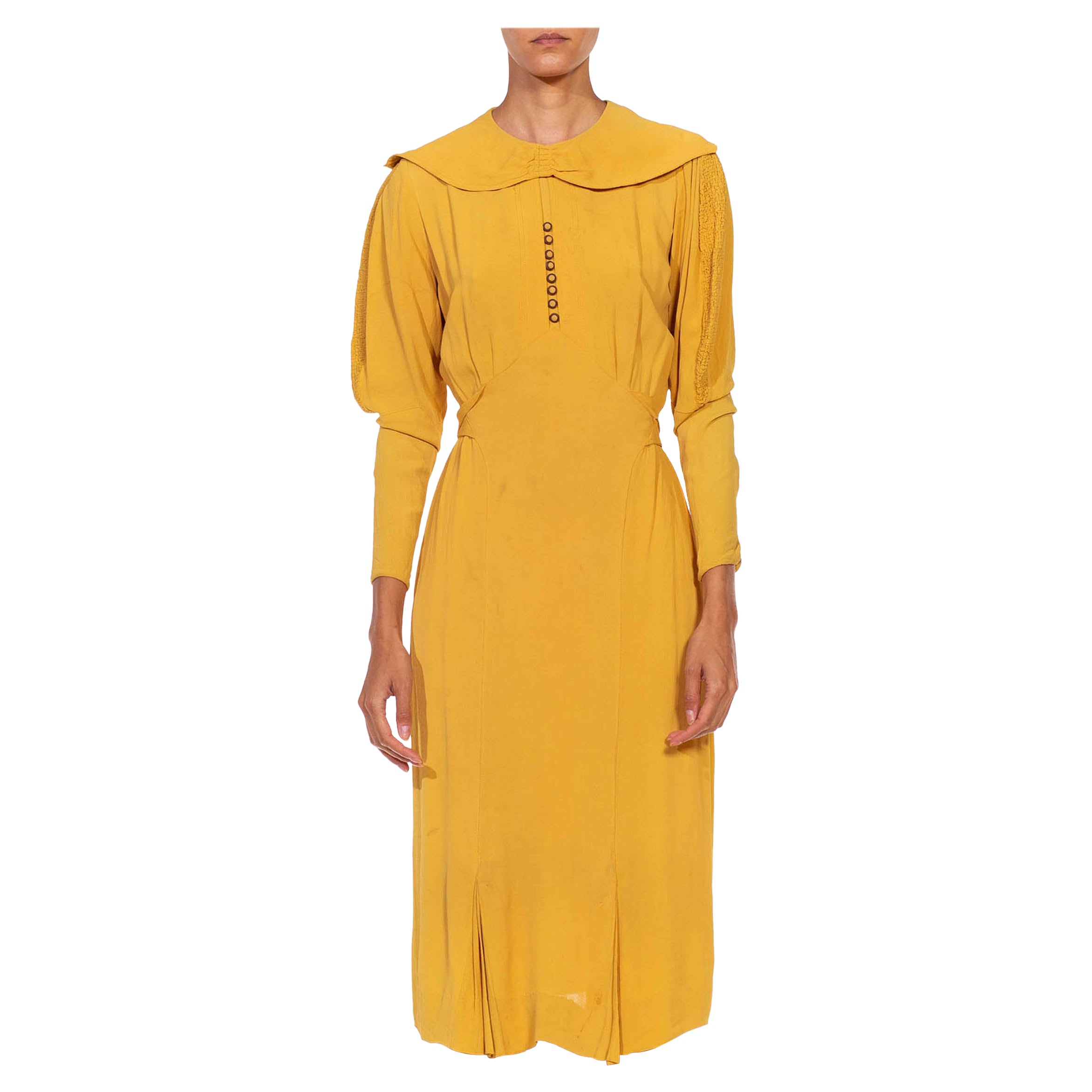 1930S Mustard Yellow Rayon Crepe Caplet Dress With Leg O Mutton Sleeves For Sale