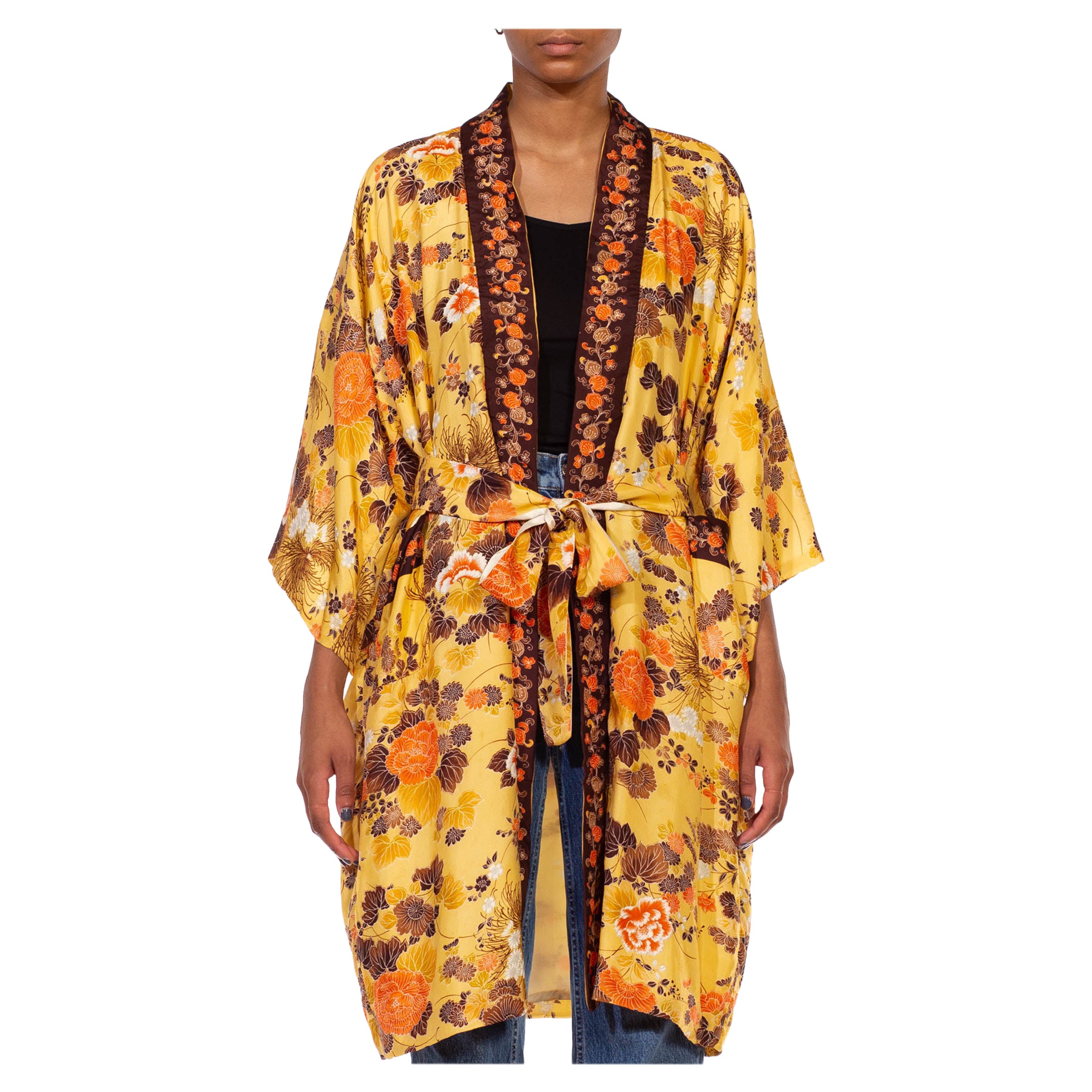 1960S Butter Yellow & Brown Floral Silk Kimono For Sale