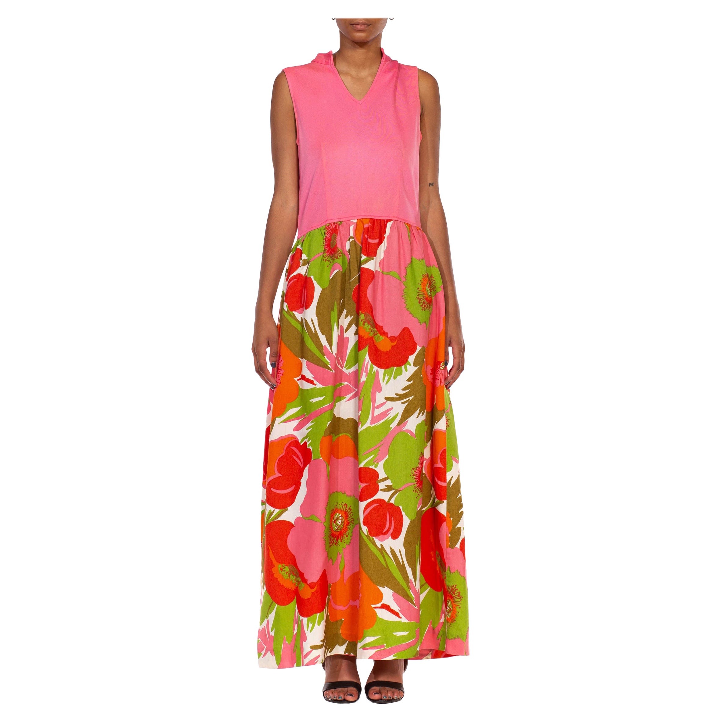 1960S Pink & Green Acetate Large Floral Print Skirt Dress