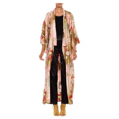 Vintage 1990S Pink Organic Cotton Traditional Japanese Floral Motif Kimono