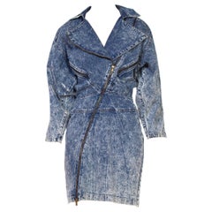 1980S Blau Grau Acid Wash Baumwoll-Denim-Kleid im Alaia-Stil