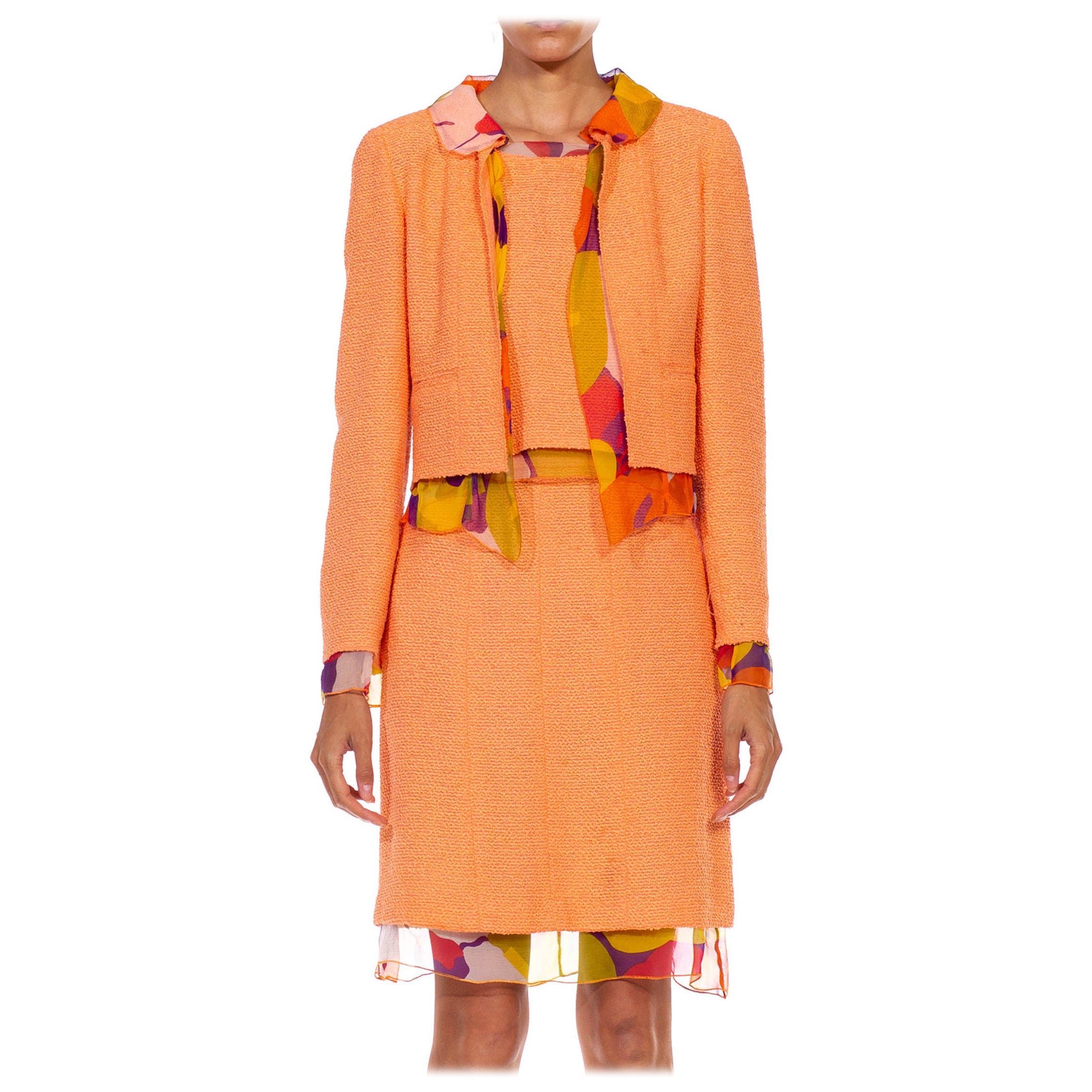 2000S CHANEL Orange Boucle & Floral Silk Chiffon 3-Piece Skirt Suit For Sale