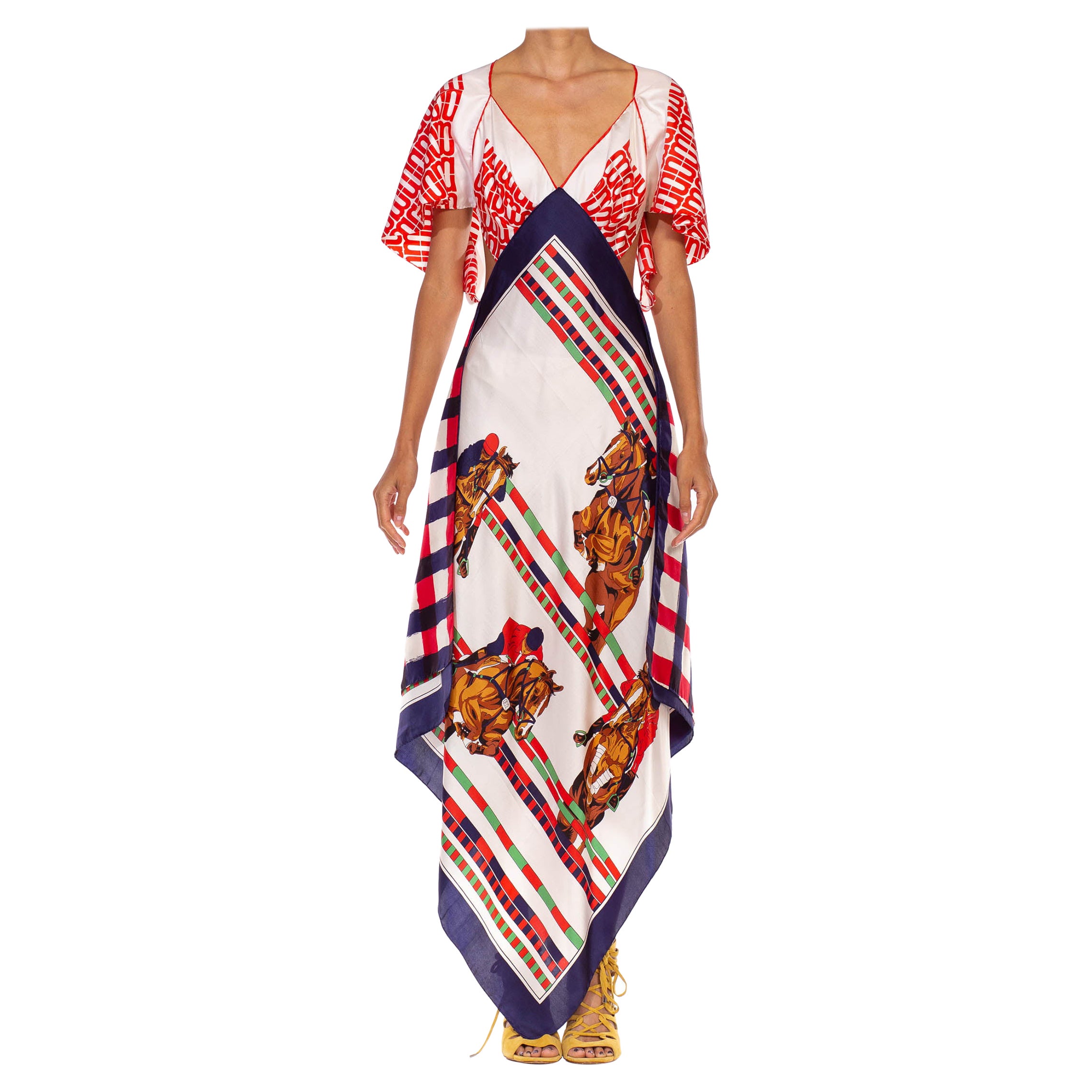 Red White & Blue Bias Cut Silk Twill Two-Scarf Equestrian Print Dress