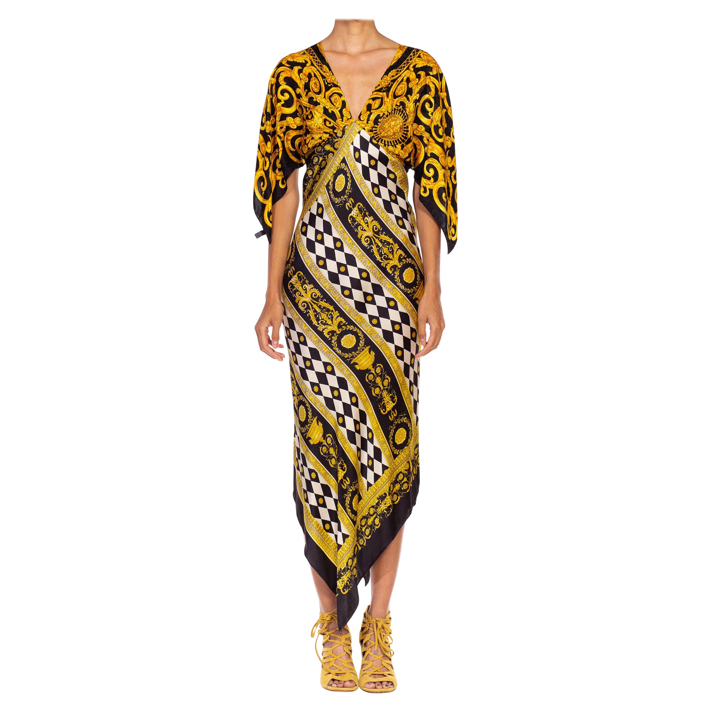 MORPHEW COLLECTION Black & Gold Status Print Silk Geometric Two Scarf Dress