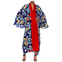 MORPHEW COLLECTION Blue & Red Silk Hand Printed Floral Birds Kaftan Made From 1