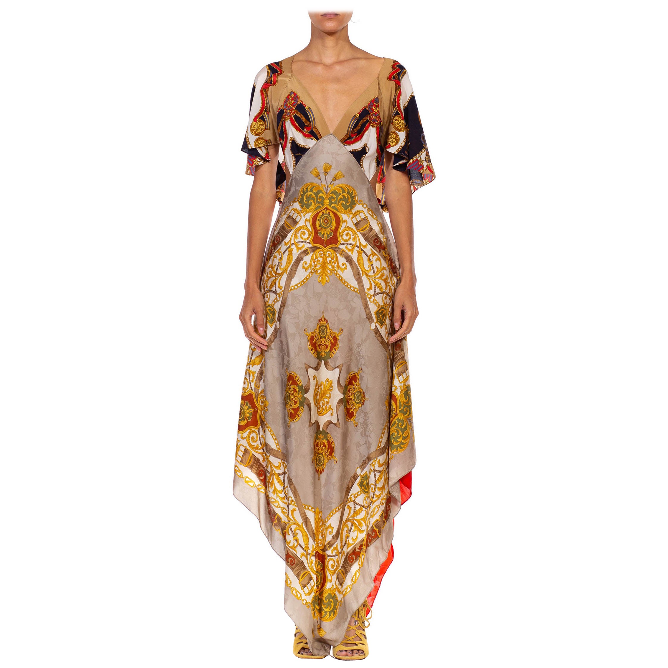 MORPHEW COLLECTION Gold Versace Style Print Silk Twill 3-Scarf Dress Made From 