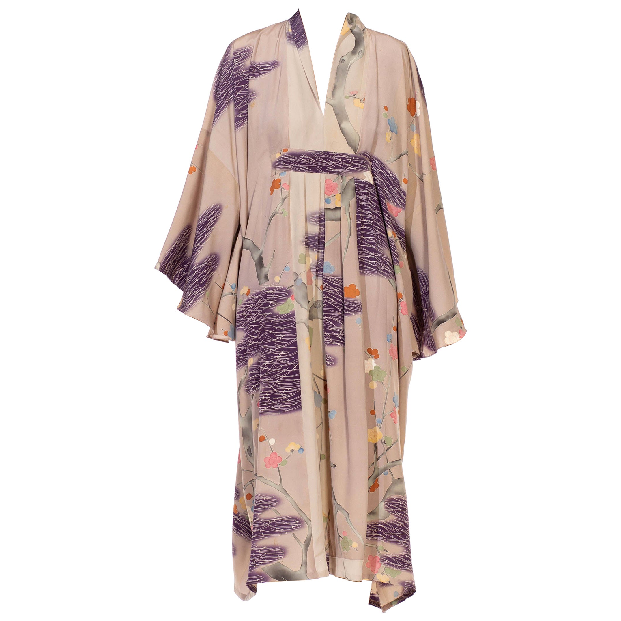 MORPHEW COLLECTION Dusty Purple Silk Hand Painted Kaftan Made From 1950’S Japan