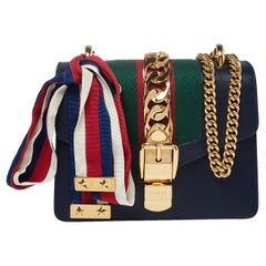 Gucci Navy Blue Leather Mini Web Chain Sylvie Shoulder Bag