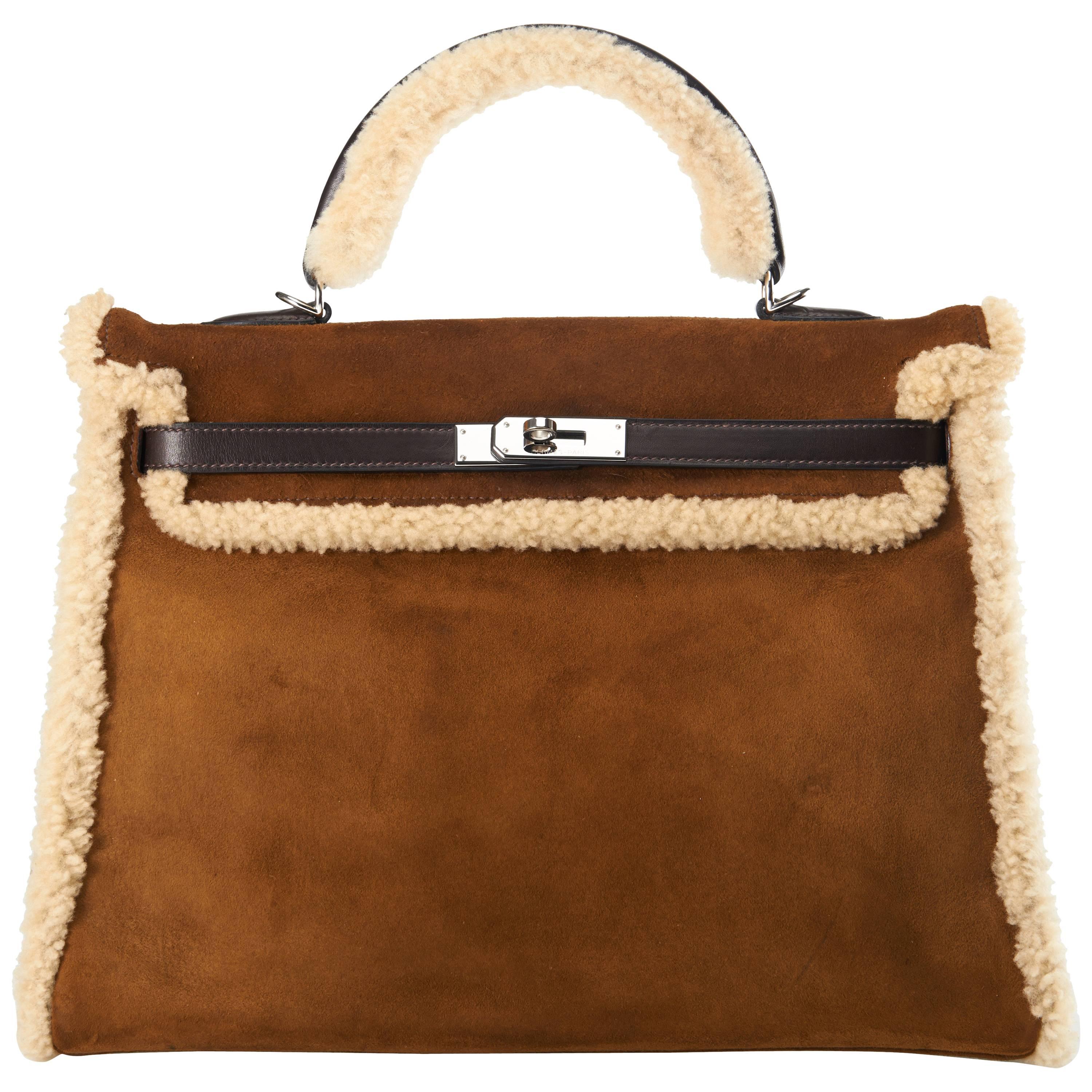 Hermes Limited Edition 35cm Veau Suede & Mouton Shearling Kelly JaneFinds