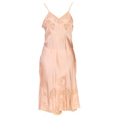 1940S Peach Bias Cut Silk & Lace Trim Slip Dress