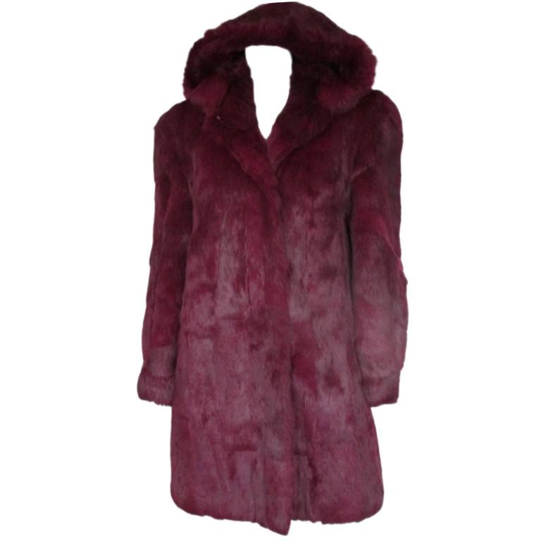 Burgundy red hooded fur coat For Sale at 1stdibs