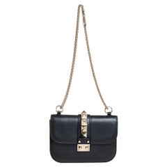 Valentino Black Leather Small Glam Lock Chain Shoulder Bag